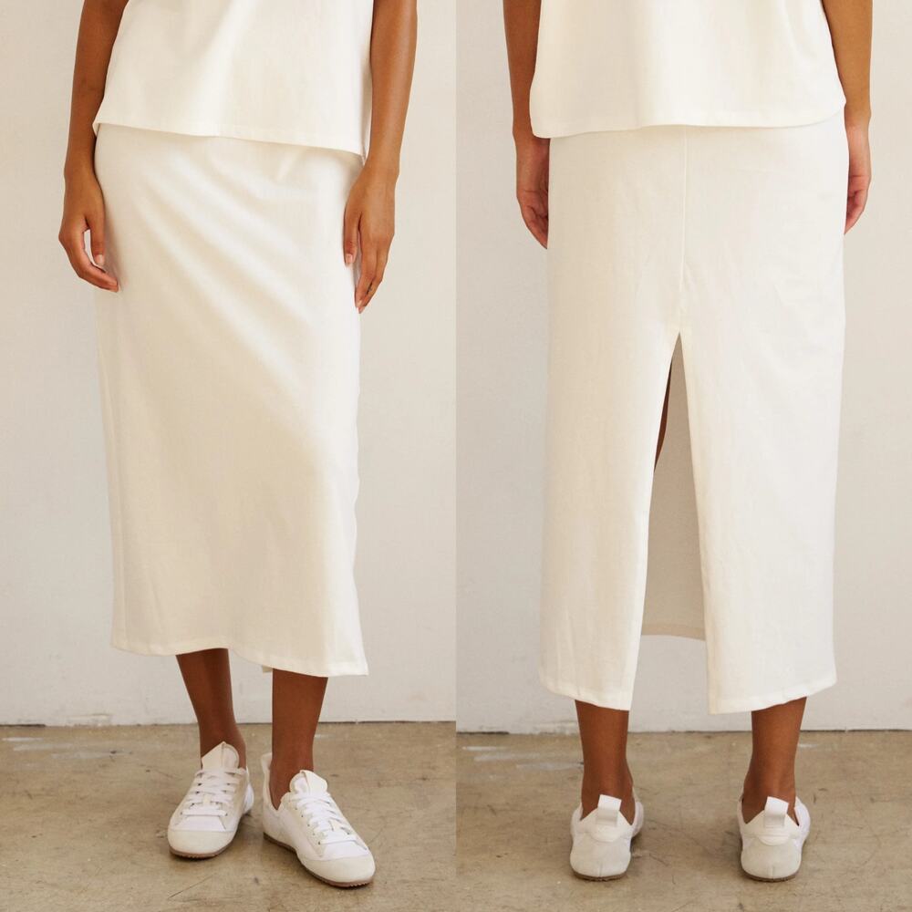Jamie Haller The Column Straight Cut Elastic Waist Pull On Midi Skirt White